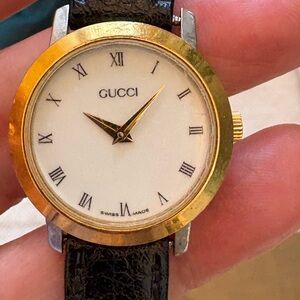 Vintage Gucci Gold and Black Roman Numeral Watch Swiss Made